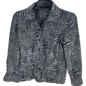 Nora Noh Silk Top Womens Size 4 Gray Leopard Cheetah Print Button Up RIPPED SEAM